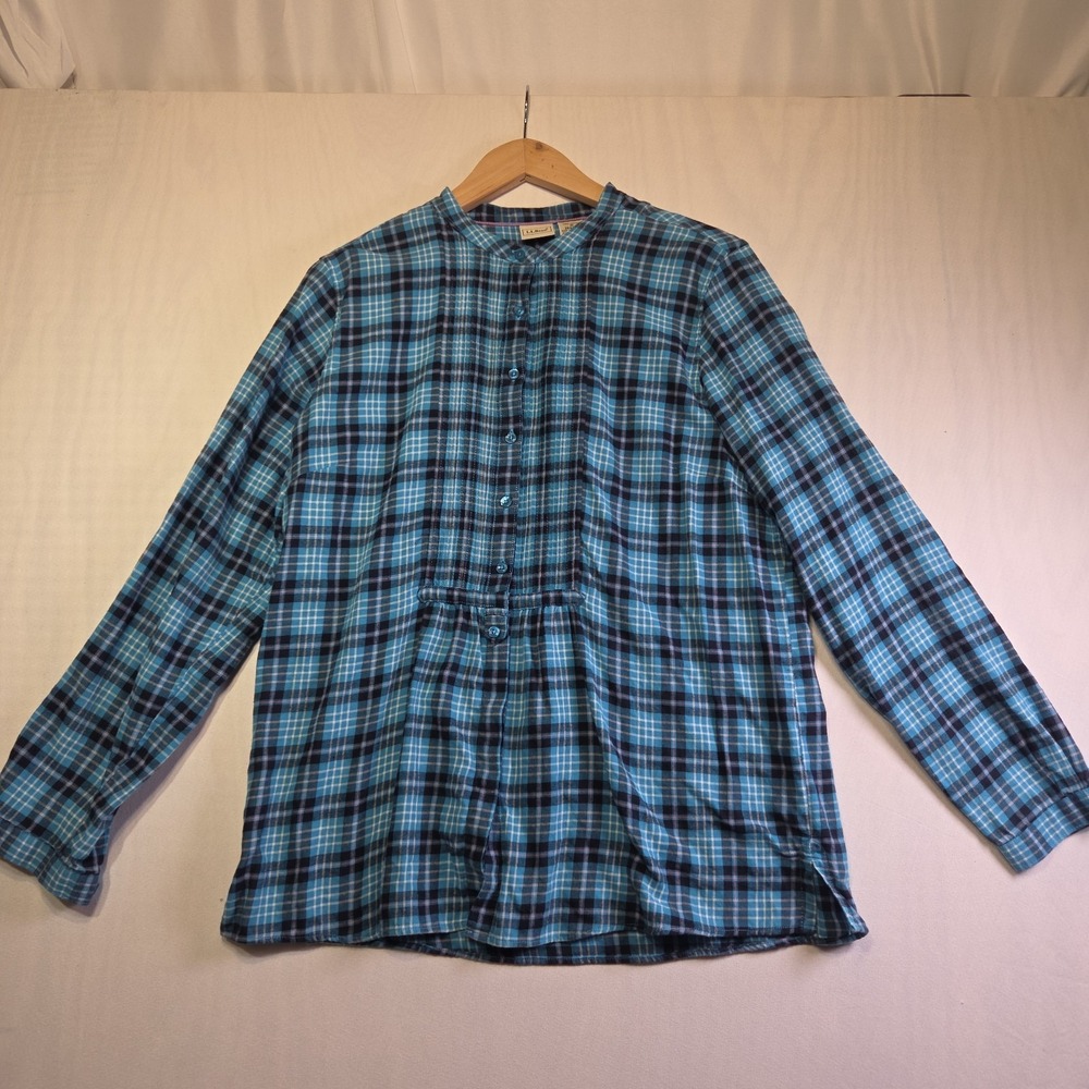 L.L.Bean Women's Medium Plaid Tunic Shirt Blue Cotton Long Sleeve Henley Top